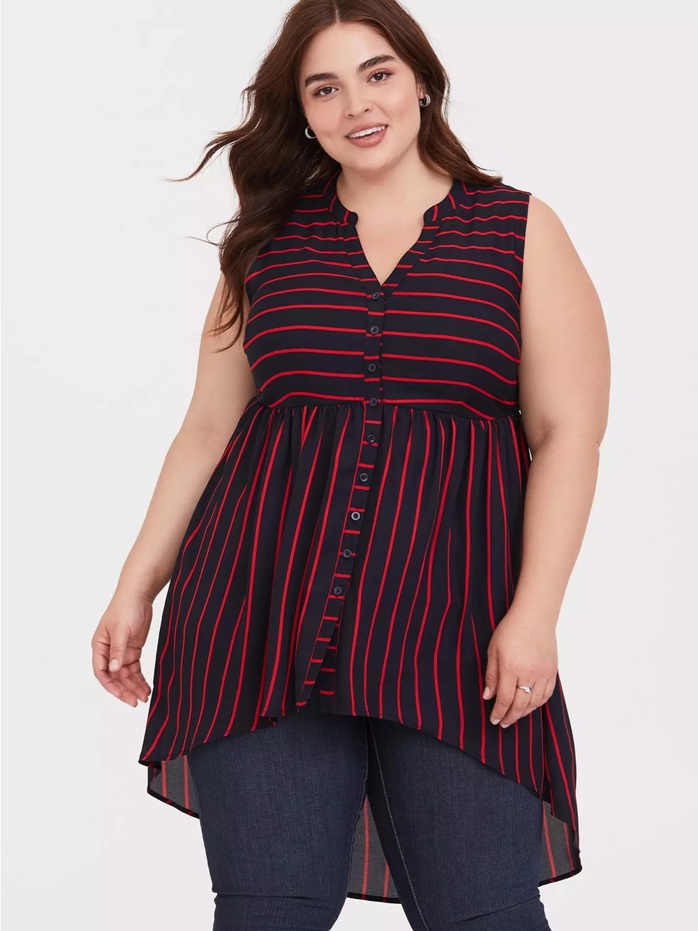 Torrid OX NWT Sleeveless Navy Top with Red Stripes - Button Front high low hem